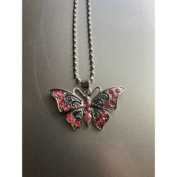 Silver Pink Crystal Rhinestone Cubic Zirconia CZ Gemstone Butterfly Necklace - Picture 4 of 4